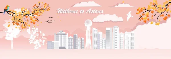 Kazak kapital Astana 'nın sonbahar sezonundaki panorama görüntüsü kağıt stili taşıyıcı illüstrasyonunda seyahat posteri, kartpostal ve daha fazlası için