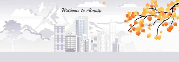 Kazak Cityl Almaty 'nin sonbahar sezonundaki panorama görüntüsü kağıt stili taşıyıcı illüstrasyonunda seyahat posteri, kartpostal ve daha fazlası için