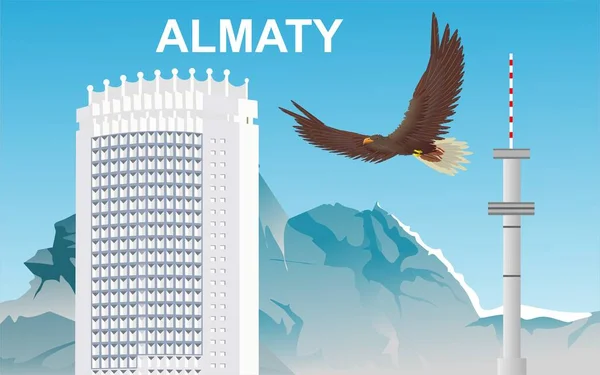 Bouw van Hotel "Kazachstan" in de stad Almaty, adelaarsvliegen, vectorillustratie — Stockvector