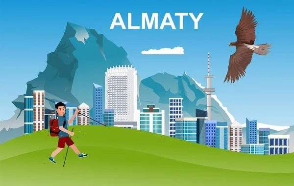 Uitzicht op Kazachse cityl Almaty in platte stijl vector illustratie voor reizen poster, ansichtkaart en meer — Stockvector