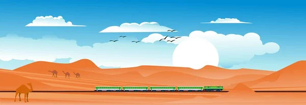 Horizontal desert landscape with high-speed train, rails, fields, sands, clouds. Travel by train banner in Kazakhstan landscape. background for tourism and logistics vector