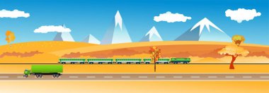 Yüksek hızlı tren, raylar, tarlalar, kumlar ve bulutlarla yatay sonbahar manzarası. Kazakistan 'da tren pankartıyla seyahat et. turizm ve lojistik vektörü için arkaplan