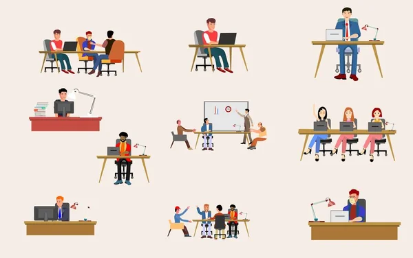 Ofiste bir dizi sahne. İş toplantısına katılan erkekler ve kadınlar, tartışmalar, dizüstü bilgisayarda çalışmak, birbirleriyle konuşmak. düz vektör illüstrasyonu. 