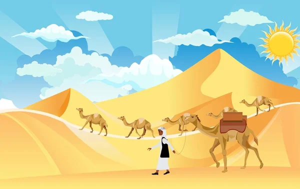 Caravana Nómadas Árabes Camellos Caminando Entre Barhanes Arena Vector Del — Archivo Imágenes Vectoriales