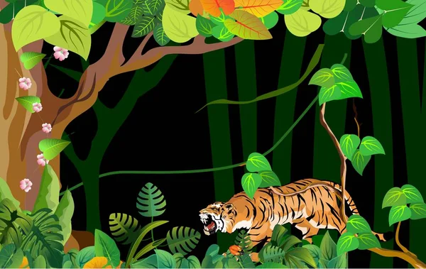 Tigre Caminando Selva Nocturna Fondo Árboles Plantas — Vector de stock