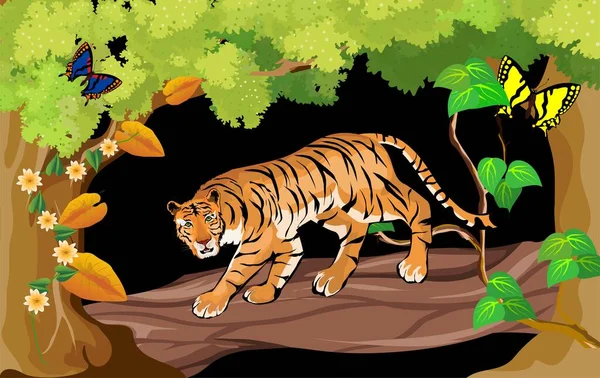Tigre Caminhando Selva Noturna Fundo Árvores Plantas —  Vetores de Stock