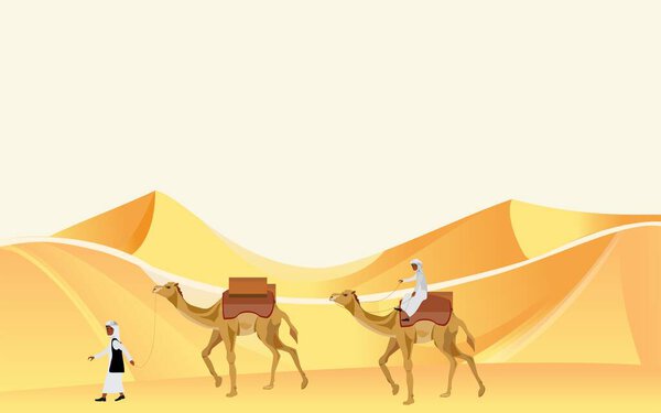 Caravan of nomad arabians on camels walking among sand barhans  in desert vector.