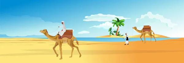 Caravana Nómadas Árabes Camellos Caminando Cerca Del Oasis Vector Desierto — Archivo Imágenes Vectoriales