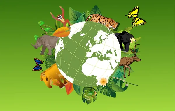 Küresel yaban hayatı koruma konsepti illüstrasyonu, vektör. Küre ve vahşi hayvanlar
