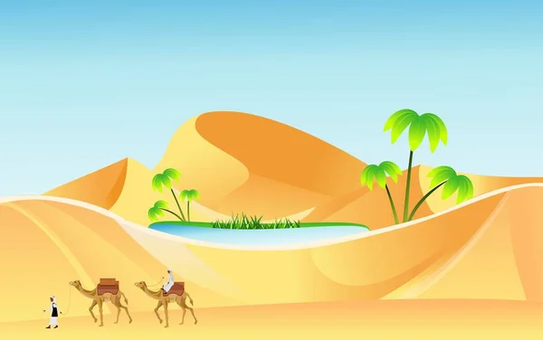 Caravana Camelos Caminha Deserto Entre Areias Ilustração Vetor Oásis — Vetor de Stock