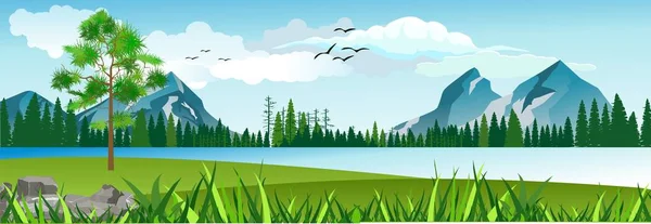 Scena Pięknym Jeziorem Las Górami Ilustracja Wektora Panoramicznego — Wektor stockowy