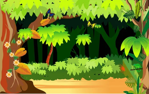 Jungle Σκηνή Ζούγκλα Φόντο Πράσινο Πλαίσιο Folliage Νύχτα Junle Πρότυπο — Διανυσματικό Αρχείο