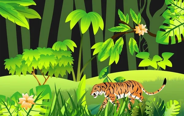 ジャングルシーン 虎の散歩 緑の葉のフレーム 夜のジャングル ベクトルテンプレート — ストックベクタ