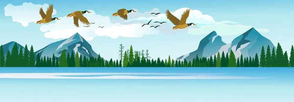 Göçmen kuşlar bulutların üzerinde uçar güzel göl üzerinde, panoramik vektör çizimi