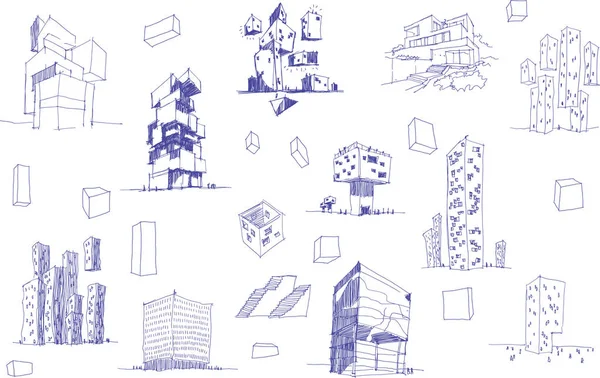 Wiele Ręcznie Rysowane Architectectural Szkice Architektury Modernistycznej Streszczenie Nad Obiektów — Wektor stockowy