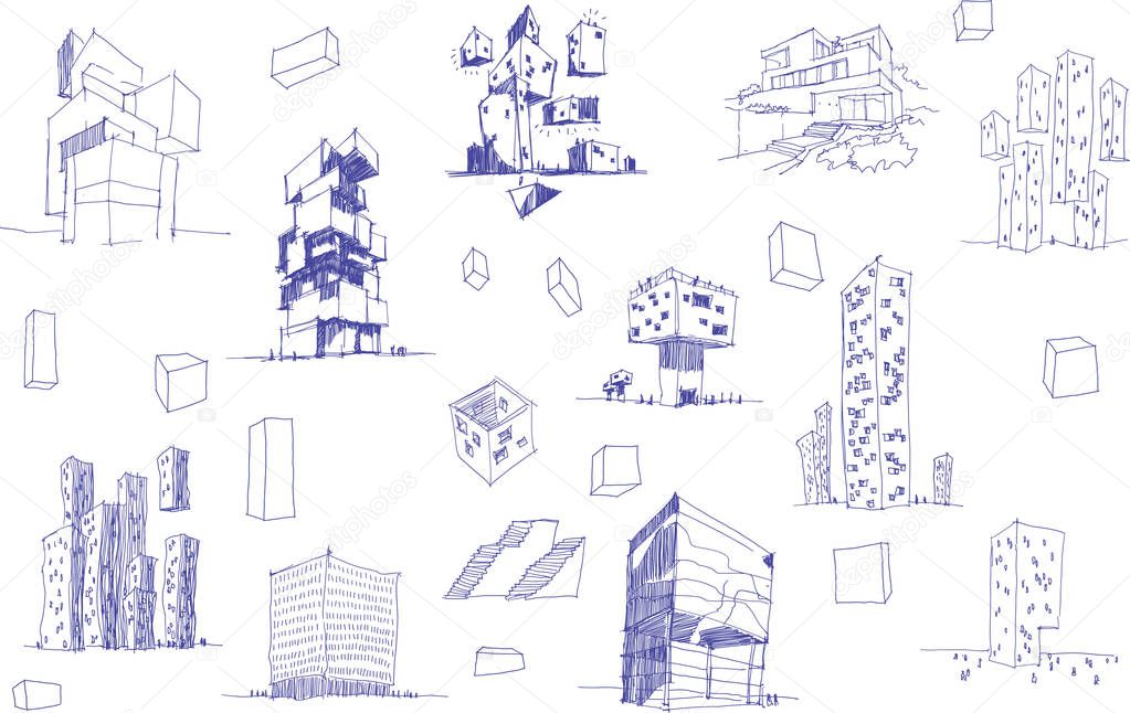 many hand drawn architectectural sketches of a modern abstract architecture nad geometric objects and urban ideas and drafts