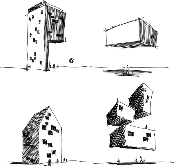 Cuatro Bocetos Arquitectónicos Dibujados Mano Una Arquitectura Abstracta Moderna Edificio — Vector de stock