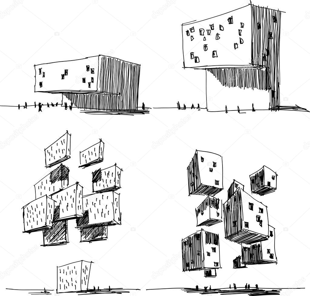 four hand drawn architectectural sketches of a modern abstract architecture and futuristic flying and levitating building