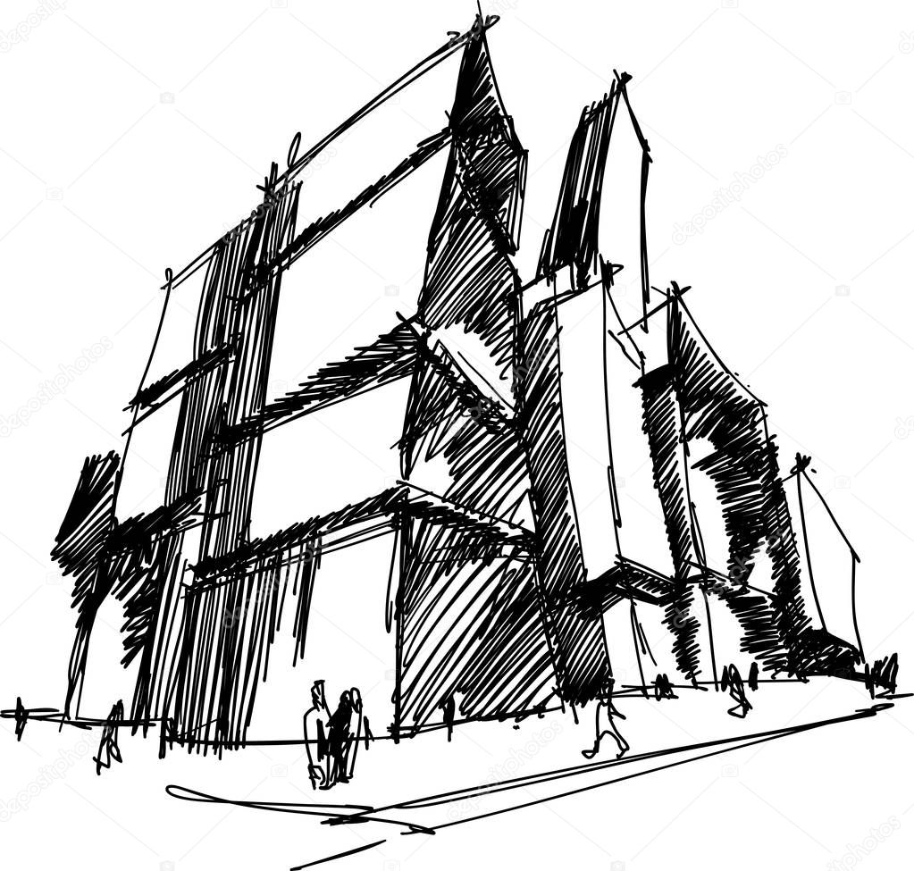 hand drawn architectural sketch of a modern abstract architecture