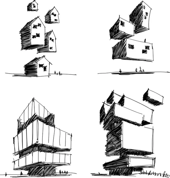 Cuatro Bocetos Arquitectónicos Dibujados Mano Una Arquitectura Abstracta Moderna Edificio — Vector de stock