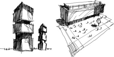 iki el architectectural dört bir yanındaki insanlarla modern bir mimari çizimler çekilmiş