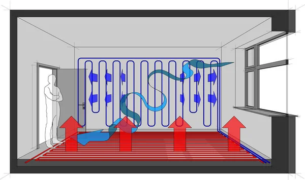 Diagram Room Floor Heating Wall Cooling Natural Ventilation Arrow — Stock Vector