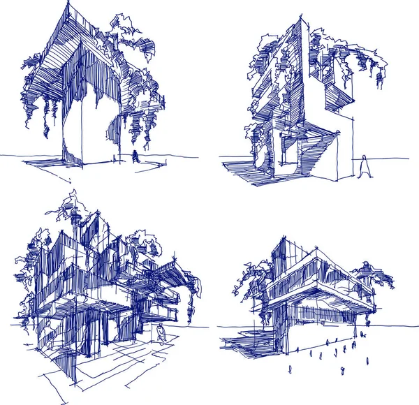 Fyra Hand Dras Skisser Abstrakt Modern Byggnad Med Massor Grönska — Stock vektor