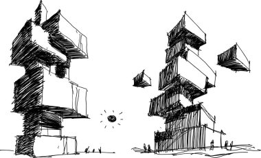 iki el architectectural dört bir yanındaki insanlarla modern bir mimari çizimler çekilmiş