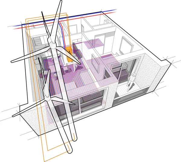 Schéma Découpant Perspective Appartement Une Chambre Entièrement Meublé Avec Chauffage — Image vectorielle