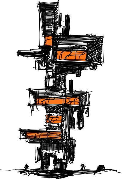 Handgezeichnete Illustration Eines Abstrakten Modernen Futuristischen Gebäudes Oder Turms — Stockvektor