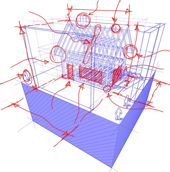 Abbildung Einer Rahmenkonstruktion Eines Einfamilienhauses Mit Dimensionen Und Handgezeichneten Skizzen — Stockvektor