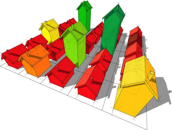 透明透明な単純な戸建の住宅エネルギー評価図の色の正方形から成る四角形のグリッドにさまざまな高さで — ストックベクタ