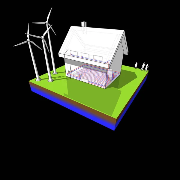 戸建住宅床電気エネルギーのための源として地上階と一階と風力発電機のラジエーターの暖房の図 — ストックベクタ