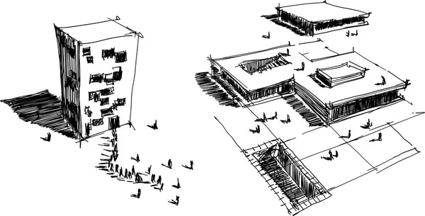 Dwa Ręcznie Rysowane Szkice Architectectural Architektury Modernistycznej Streszczenie Ludzi Wokół — Wektor stockowy