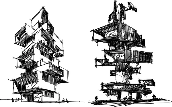 Due Disegni Architettonici Disegnati Mano Alto Edifici Astratti Moderni Torre — Vettoriale Stock