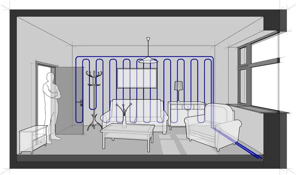Διάγραμμα Του Ένα Μονόκλινο Δωμάτιο Επιπλωμένο Καναπέ Τραπέζι Και Καρέκλα — Διανυσματικό Αρχείο
