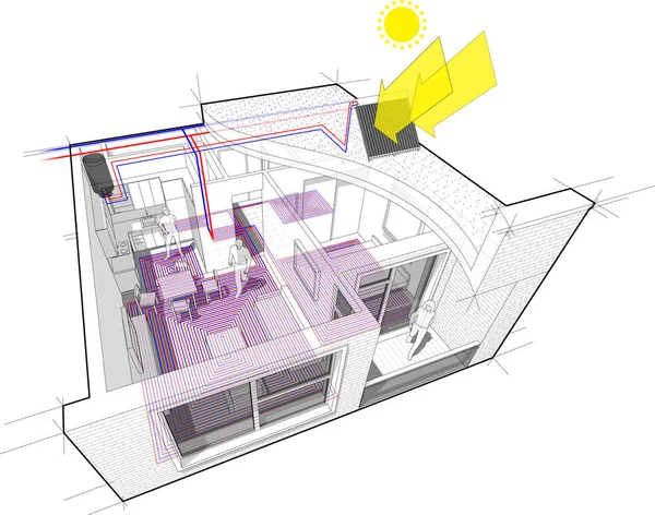一卧室公寓的透视剖面图 配有热水地板采暖和中央供暖管作为供暖能源的来源 还有屋顶上额外的太阳能热水器面板 — 图库矢量图片