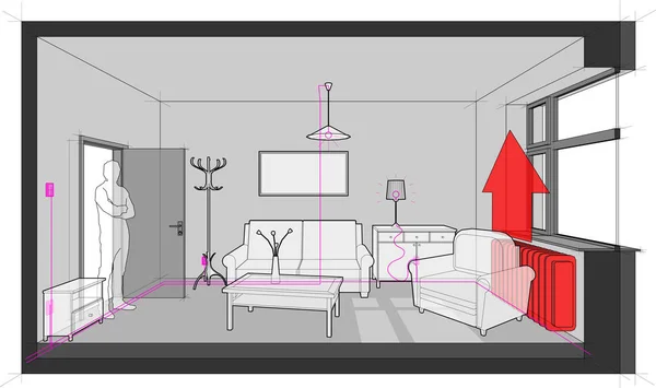 Diagrama Quarto Individual Mobilado Com Sofá Cadeira Mesa Armários Candeeiro —  Vetores de Stock