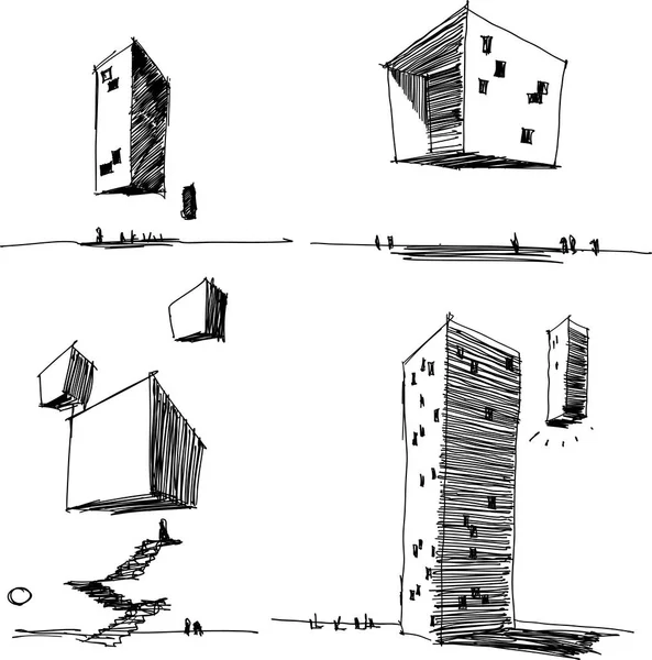 四手绘的 Architectectural 草图现代抽象建筑和未来的飞行和悬浮建筑 — 图库矢量图片