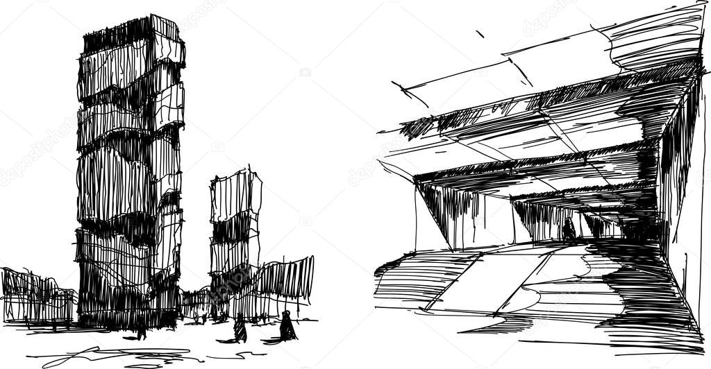 two hand drawn architectectural sketches of a modern abstract tall buildings and dark corridor