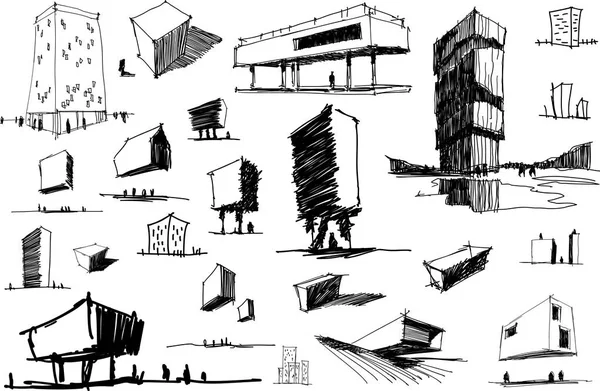现代抽象建筑的许多手绘 Architectectural 草图与几何对象和城市思想和草稿 — 图库矢量图片