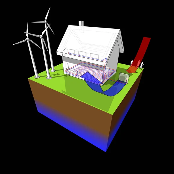 Schéma Une Maison Individuelle Avec Chauffage Sol Rez Chaussée Radiateurs — Image vectorielle