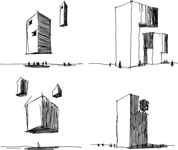 Vier Hand Getekend Architectectural Schetsen Van Een Moderne Abstracte Architectuur — Stockvector