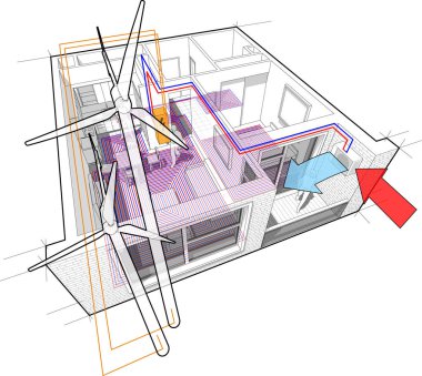 Perspektif kesit diyagramı tamamen döşenmiş sıcak su yerden ısıtma ve hava kaynak ısı pompası Isıtma enerji kaynağı olarak ve rüzgar türbinleri ile elektrik enerji kaynağı olarak bir tek yatak odalı daire