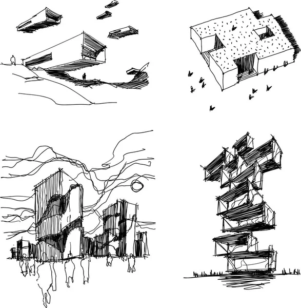 Vier Handgezeichnete Architektonische Skizzen Moderner Abstrakter Architektur Mit Umstehenden Menschen — Stockvektor