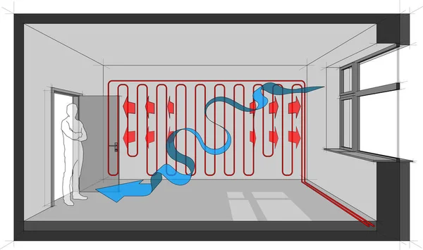 Diagram Van Muur Verwarmde Kamer Met Natuurlijke Lucht Ventilatie Pijl — Stockvector