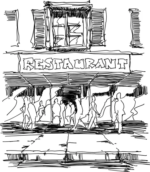 通り沿いに歩く歩道と建物の中に人のたくさんのレストランへの入り口の手描きのスケッチ — ストックベクタ