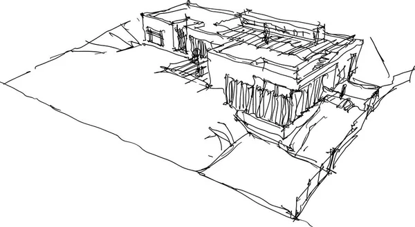 Boceto Arquitectónico Dibujado Mano Casa Unifamiliar Bungalow Situado Pendiente Empinada — Vector de stock