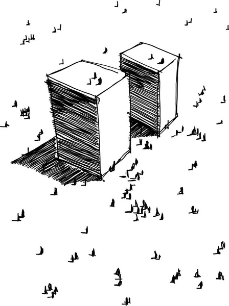 Ilustración Dibujada Mano Dos Edificios Futuristas Modernos Abstractos Simples Torres — Vector de stock