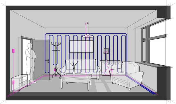 Diagramm Eines Einzelzimmers Mit Sofa Stuhl Tisch Schränken Deckenlampe Kleiderbügel — Stockvektor